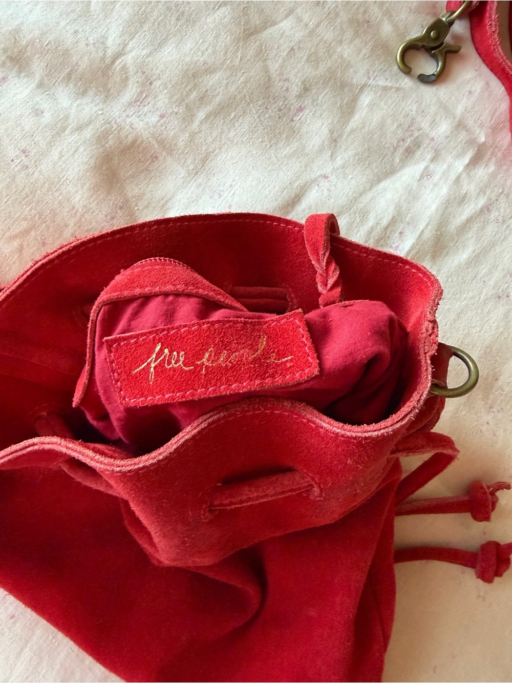 Free People Red Suede Drawstring Bucket Bag or pouch - removable strap - Picture 7 of 9